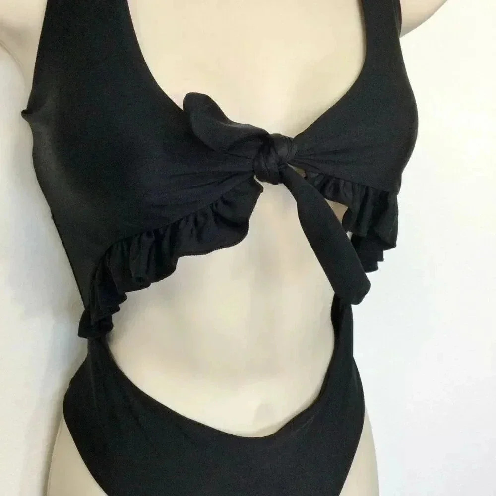 Zaful Womens Black‎ Cut Out Ruffle Trim High-Waisted One Piece Swimsuit Size 8
